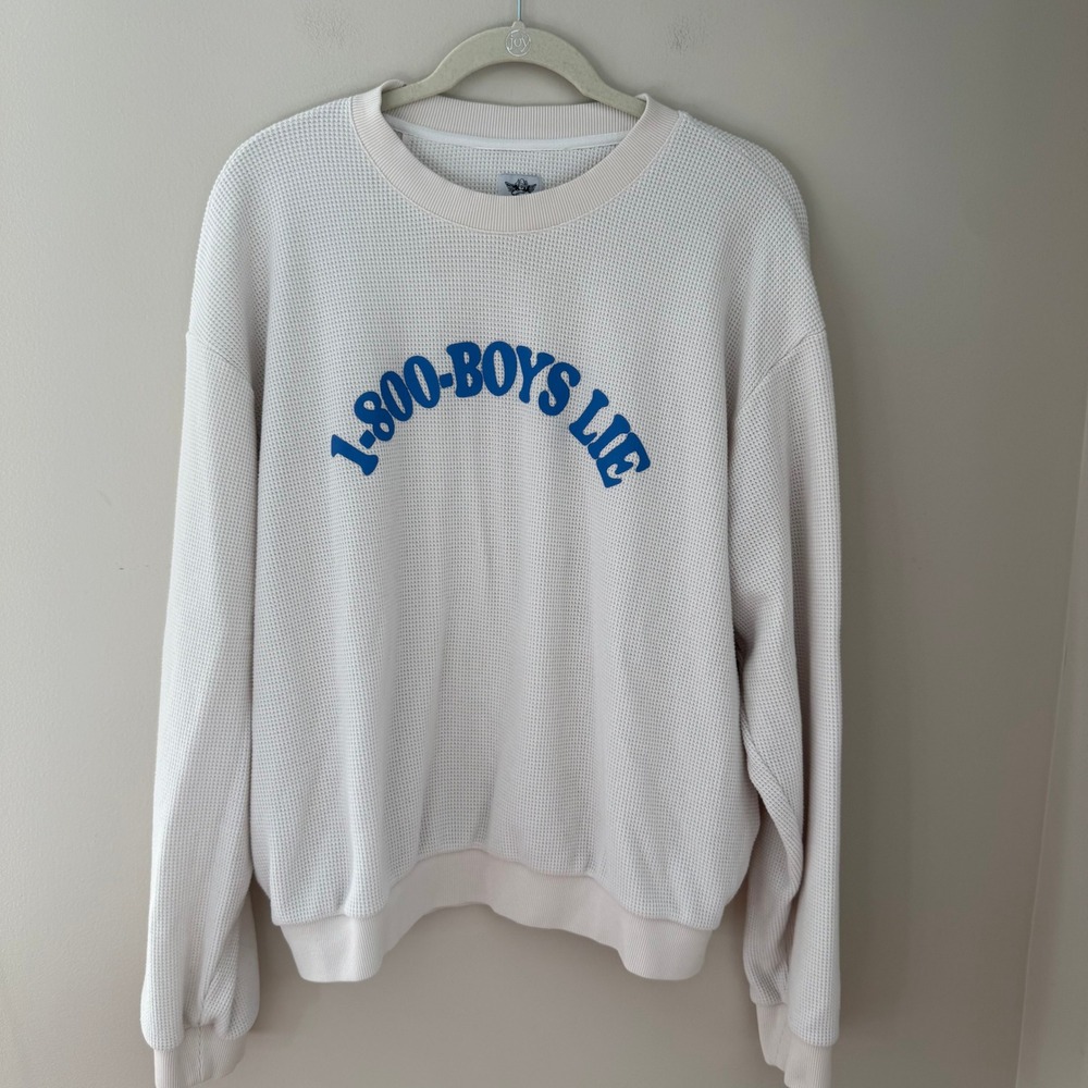 Boys Lie 1-800-BOYS LIE Thermal Waffle Knit Graphic Sweatshirt Cream OS